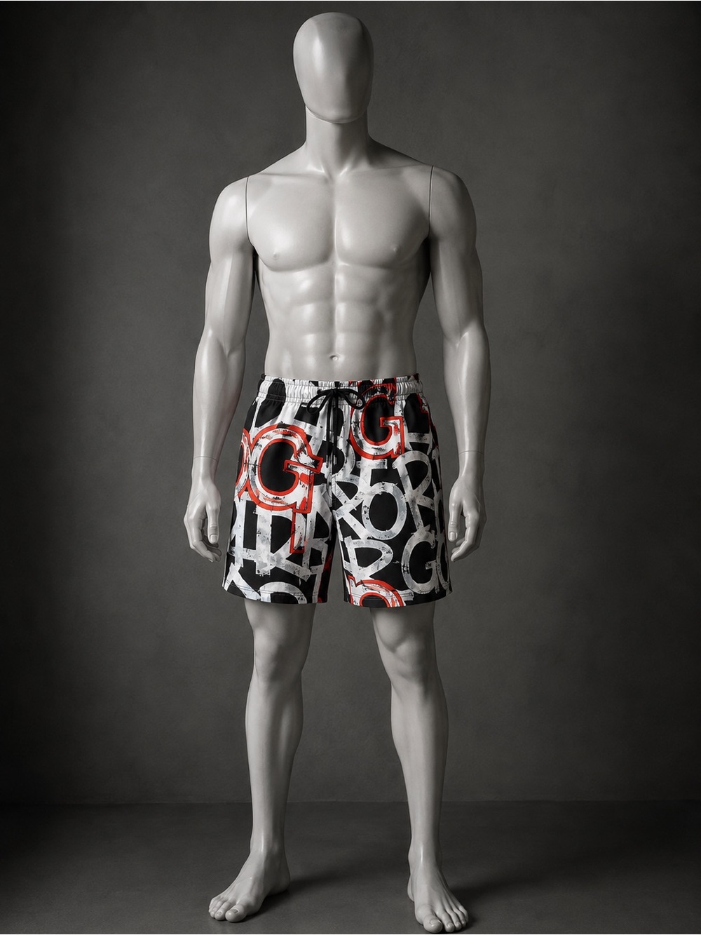 Dolce & Gabbana Black, White & Red Graphic Swim Trunks
